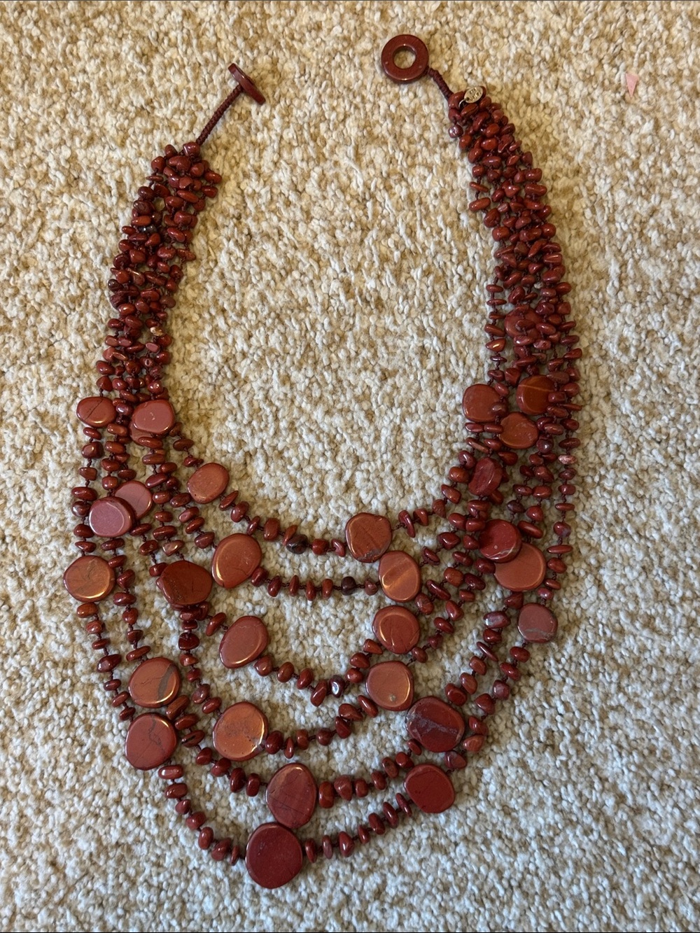 SaJen 6 strand knot red jasper statement necklace w/striking flat circular disks